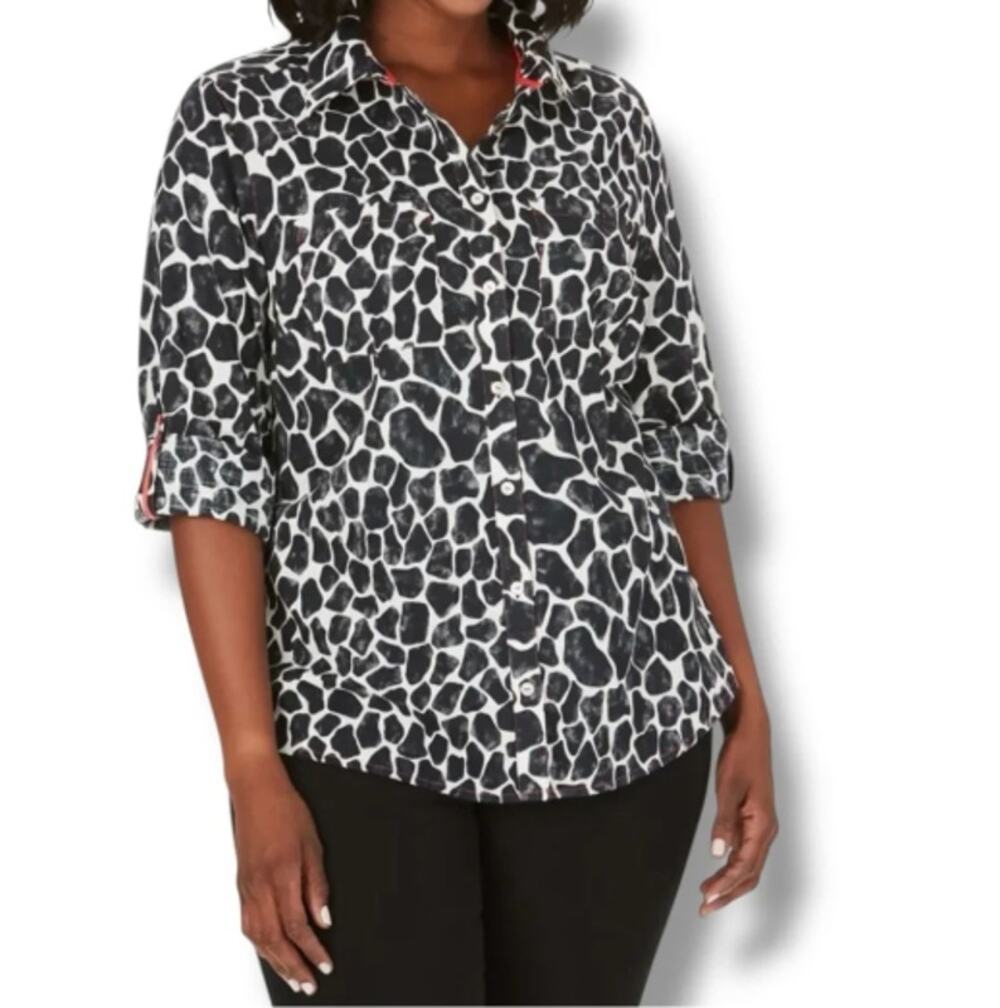 Foxcroft NYC Zoey Wrinkle Free Giraffe Print Button Down Women's 14 Black Ivory
